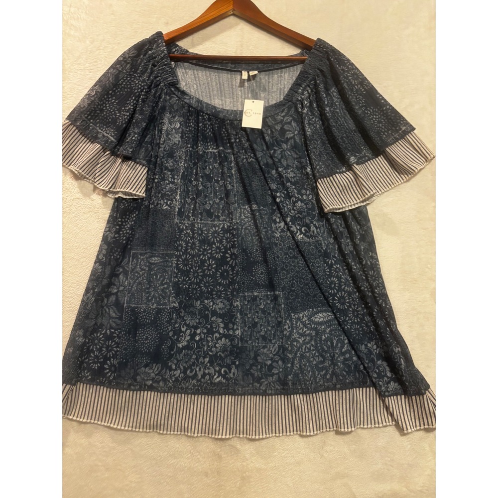NEW Est. 1946 Womens XL Blue Floral Boho Patchwork Flutter Sleeve Blouse